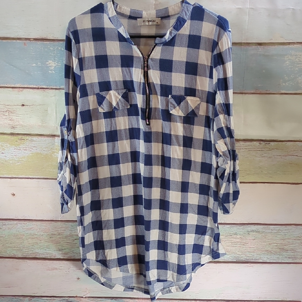 JCZHWQU Blue and White Plaid Tunic Top